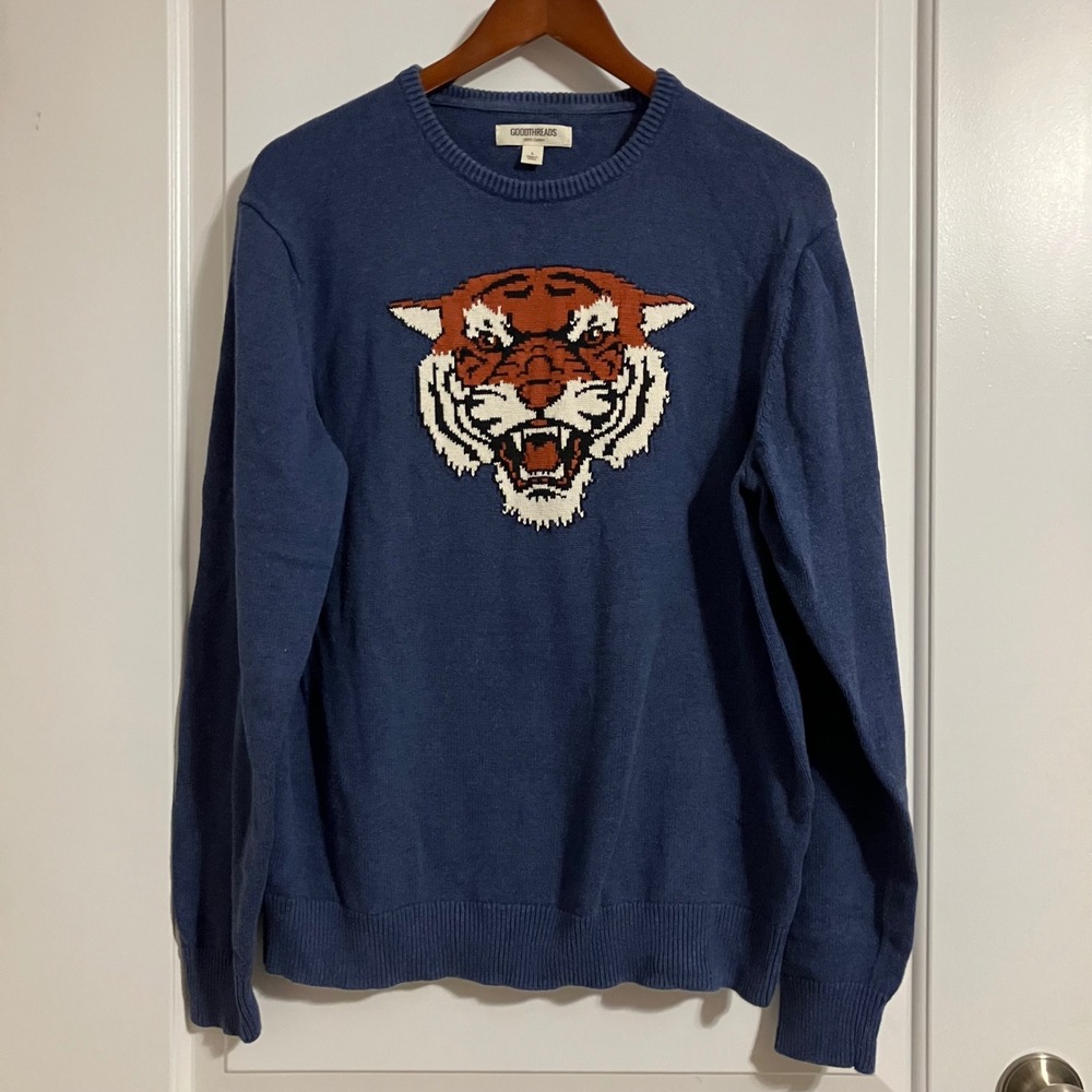 Goodthreads Mens Blue 100% Cotton Tiger Graphic Crew Neck Knit Sweater Large